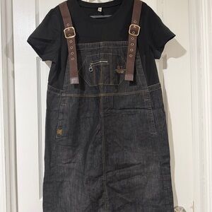 Black Denim Overall Dress with Brown Straps